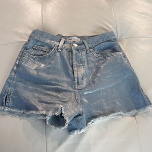 Zara Light Blue Metallic Coated Jean Shorts